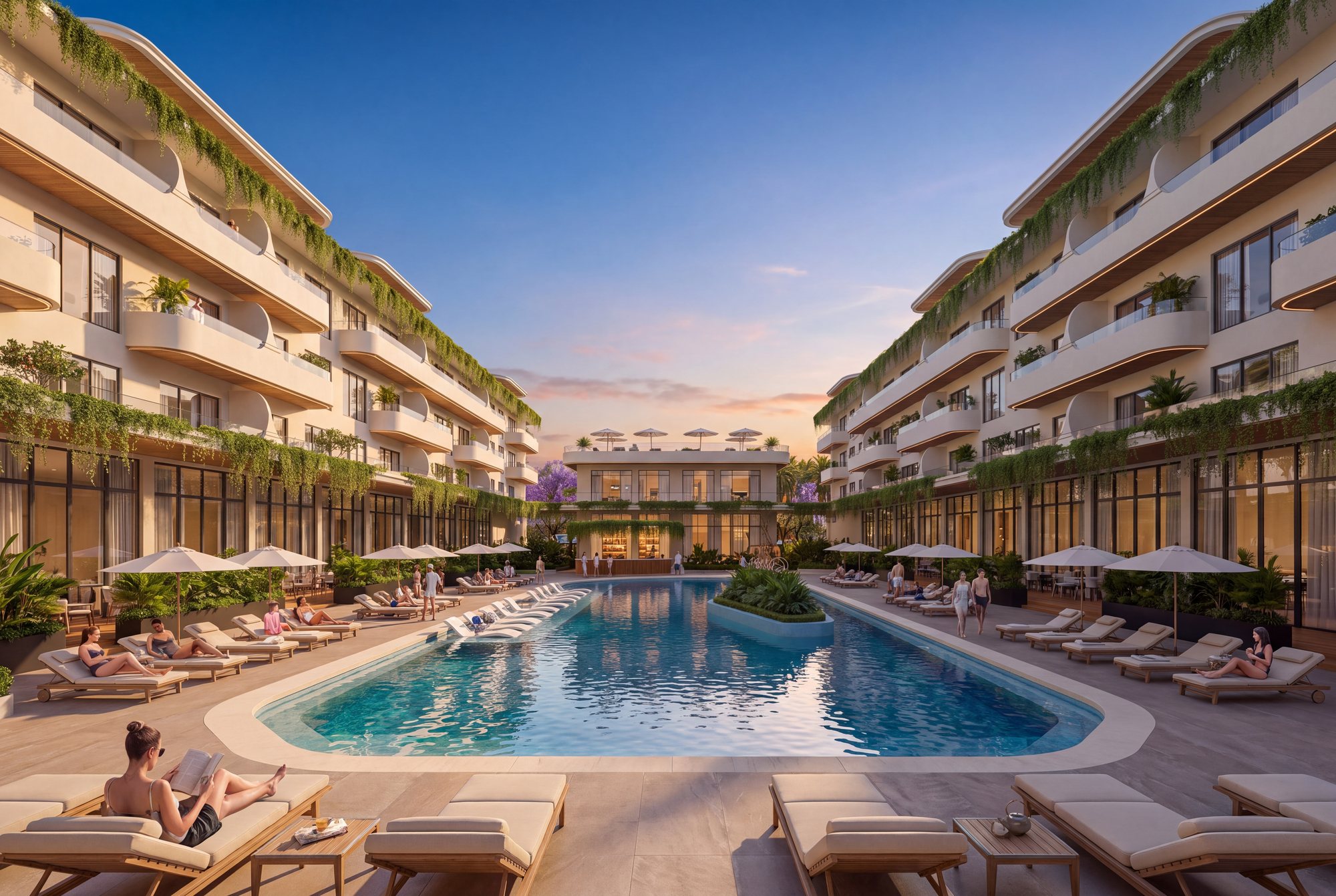 Terraza de piscina al atardecer